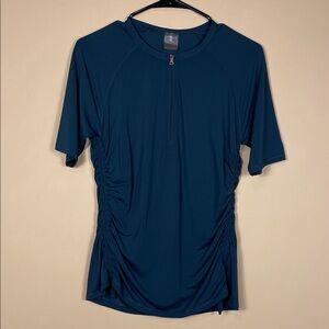 Calia Women’s Athletic Teal Blue Quarter Zip Ruched Sides Short Sleeve Shirt